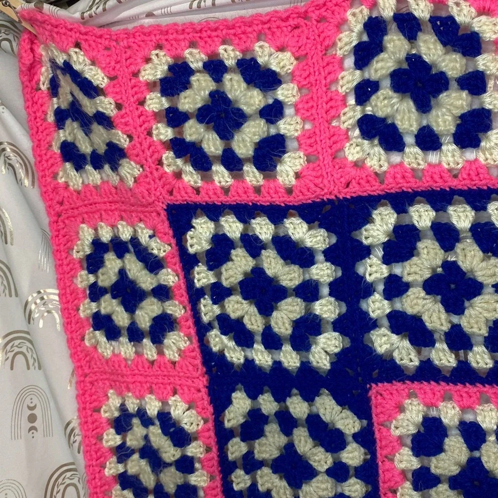 Handmade Pink and Blue Crochet Throw Blanket